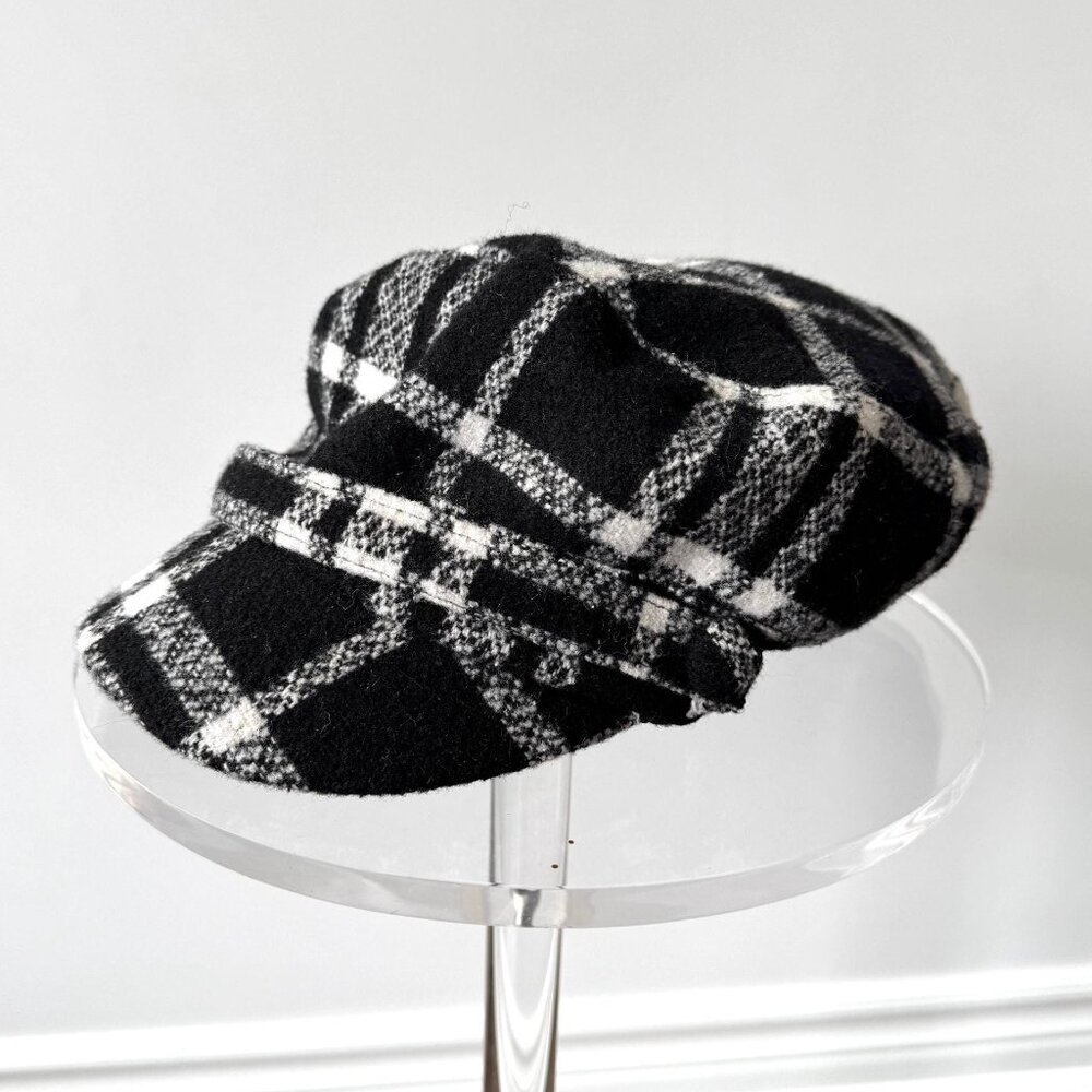 y2k vintage black white plaid print preppy tweed cadet castro military cap hat